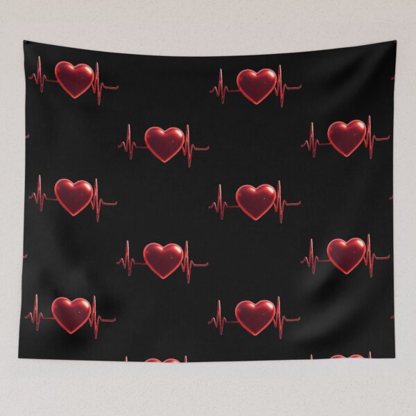 Item preview, Red Glossy Heart With Pulsating EKG Heartbeat Line On Black Background designed and sold by Dreamy Armine Art.