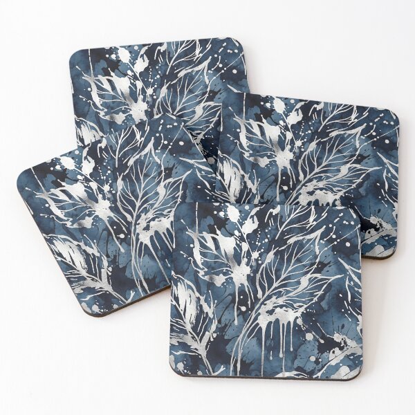 Item preview, Abstract Indigo Watercolor Leaves with Silver Ink Splatters designed and sold by InkedHorizon.