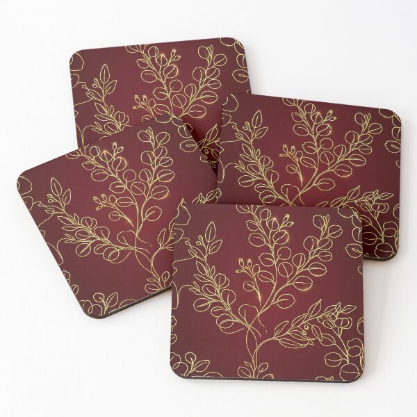 Item preview, Elegant Golden Eucalyptus Line Art on Deep Burgundy Red designed and sold by InkedHorizon.