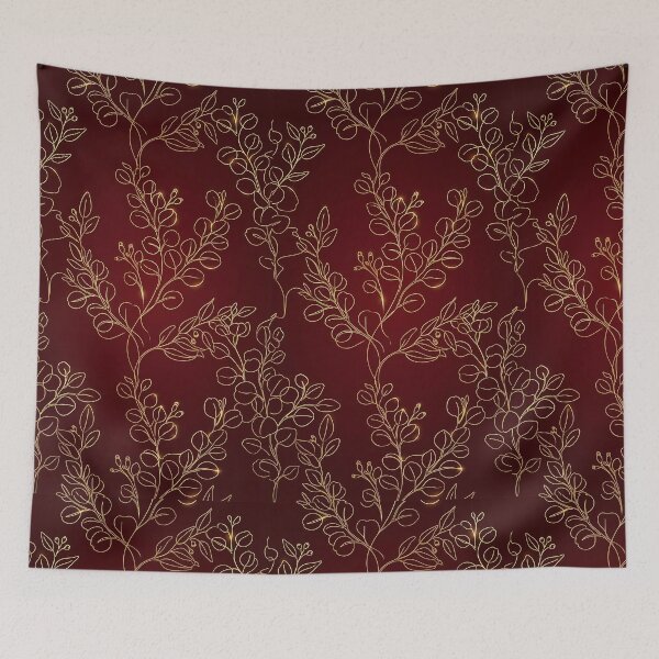 Item preview, Elegant Golden Eucalyptus Line Art on Deep Burgundy Red designed and sold by InkedHorizon.