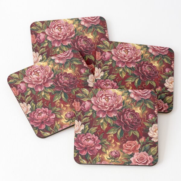 Item preview, Lush Oil Paint Peonies and Roses on Golden Marble Burgundy designed and sold by InkedHorizon.
