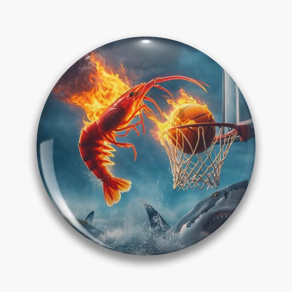 Item preview, A flaming shrimp slam-dunking a basketball above sharks in a surreal ocean scene. designed and sold by minstore.