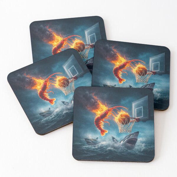 Item preview, A flaming shrimp slam-dunking a basketball above sharks in a surreal ocean scene. designed and sold by minstore.