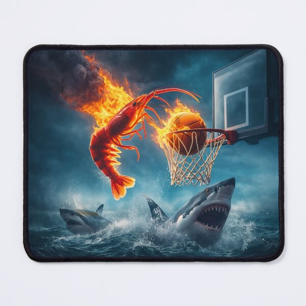 Item preview, A flaming shrimp slam-dunking a basketball above sharks in a surreal ocean scene. designed and sold by minstore.