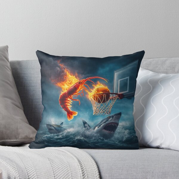 Item preview, A flaming shrimp slam-dunking a basketball above sharks in a surreal ocean scene. designed and sold by minstore.