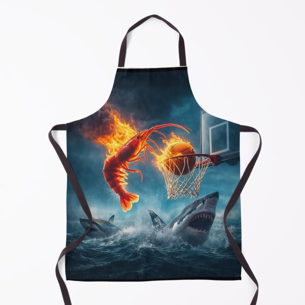 Item preview, A flaming shrimp slam-dunking a basketball above sharks in a surreal ocean scene. designed and sold by minstore.