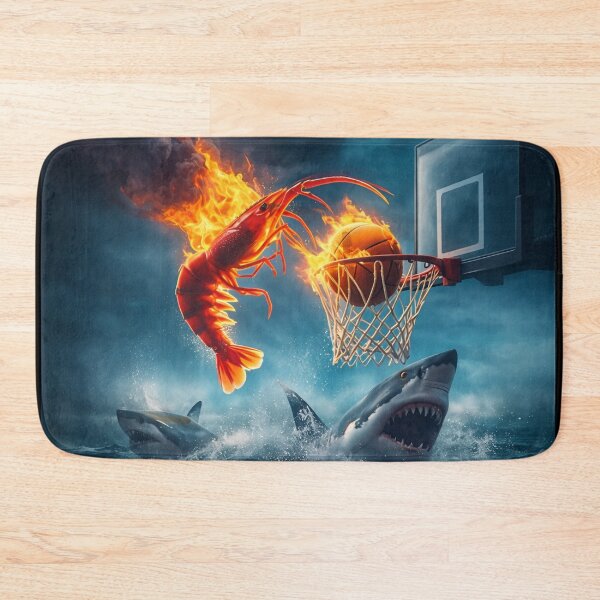 Item preview, A flaming shrimp slam-dunking a basketball above sharks in a surreal ocean scene. designed and sold by minstore.