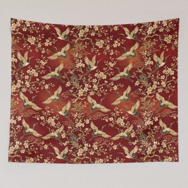 Item preview, Vintage Japanese Red and Gold Cranes with Cherry Blossoms Pattern designed and sold by InkedHorizon.