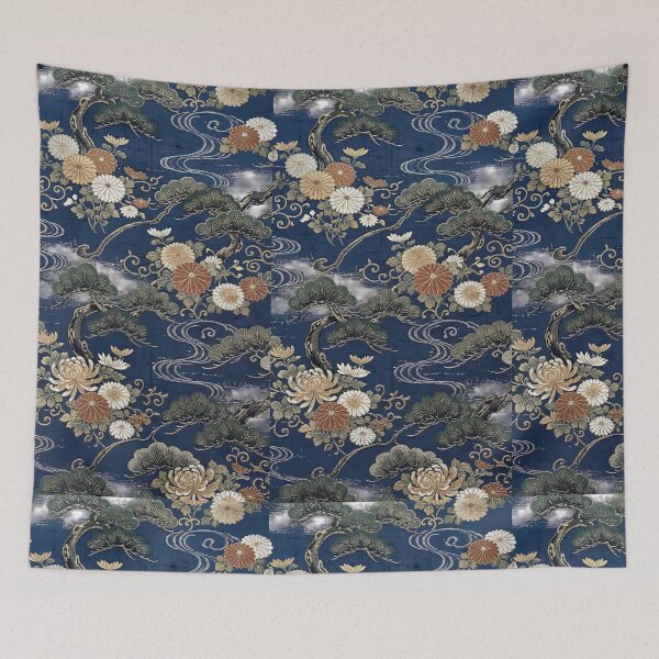 Item preview, Vintage Japanese Pine and Chrysanthemum Silk Tapestry Pattern designed and sold by InkedHorizon.