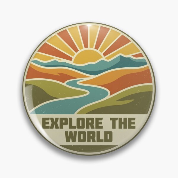 Item preview, Vintagestyle circular emblem featuring a vibrant sunrise over mountains and river with the text explore the world designed and sold by Robo-toons.