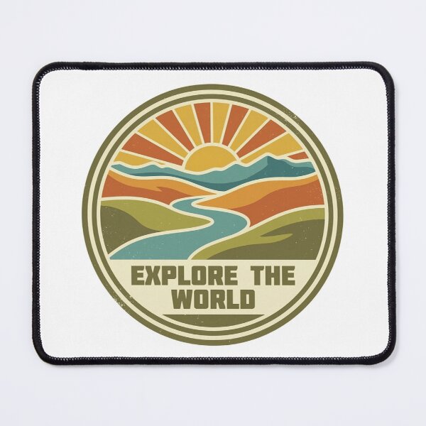 Item preview, Vintagestyle circular emblem featuring a vibrant sunrise over mountains and river with the text explore the world designed and sold by Robo-toons.
