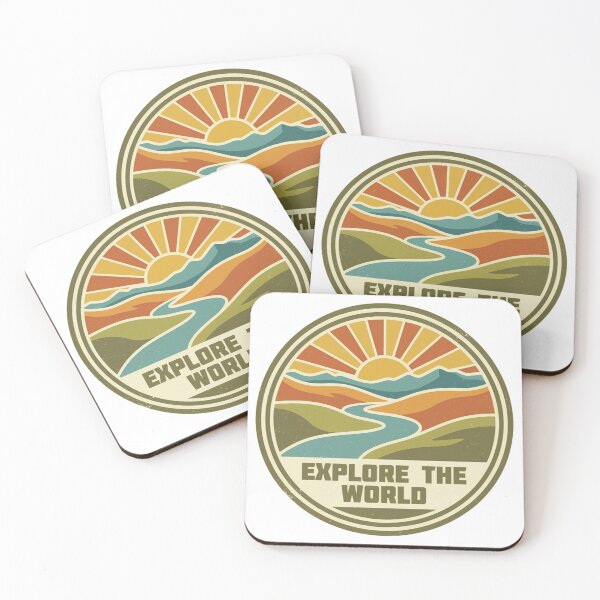 Item preview, Vintagestyle circular emblem featuring a vibrant sunrise over mountains and river with the text explore the world designed and sold by Robo-toons.