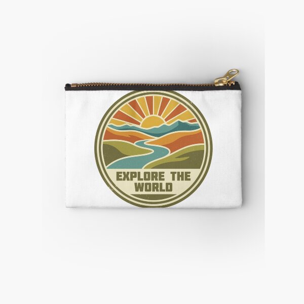 Item preview, Vintagestyle circular emblem featuring a vibrant sunrise over mountains and river with the text explore the world designed and sold by Robo-toons.