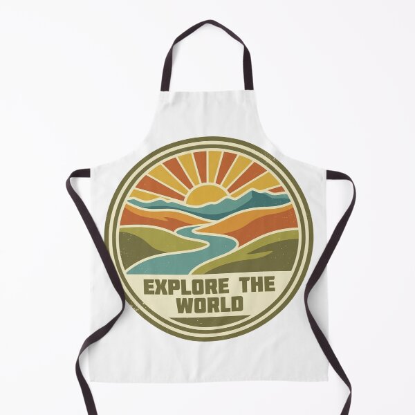 Item preview, Vintagestyle circular emblem featuring a vibrant sunrise over mountains and river with the text explore the world designed and sold by Robo-toons.