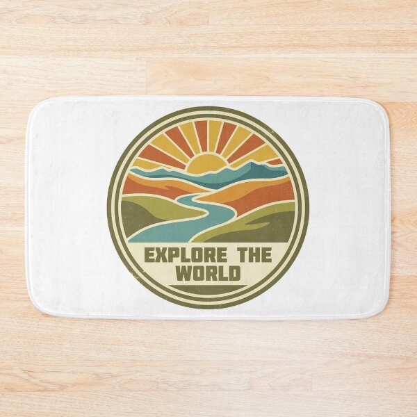Item preview, Vintagestyle circular emblem featuring a vibrant sunrise over mountains and river with the text explore the world designed and sold by Robo-toons.