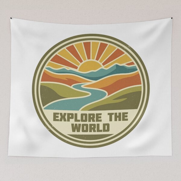 Item preview, Vintagestyle circular emblem featuring a vibrant sunrise over mountains and river with the text explore the world designed and sold by Robo-toons.