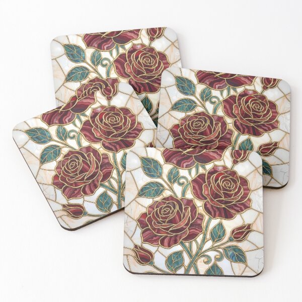 Item preview, Red Agate Stained Glass Roses with Gold and Malachite Leaves designed and sold by InkedHorizon.