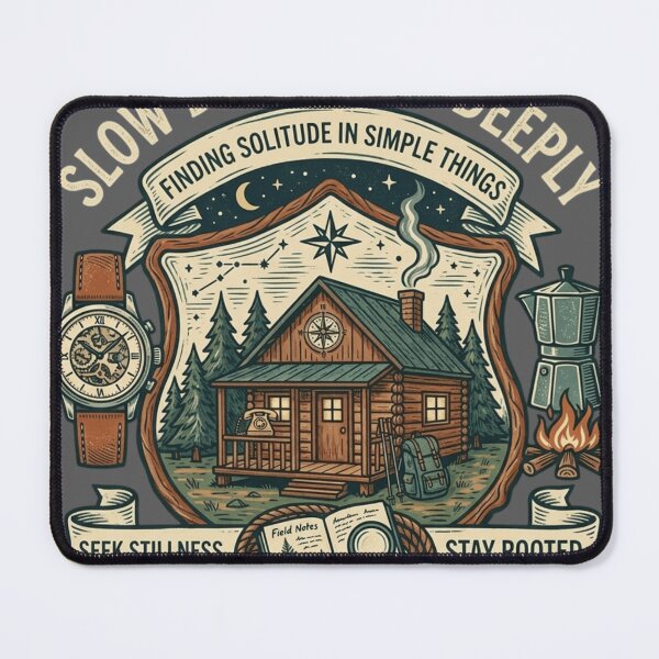 Item preview, Slow Down, Live Deeply - Vintage Log Cabin & Slow Living Illustration designed and sold by FarDesign.