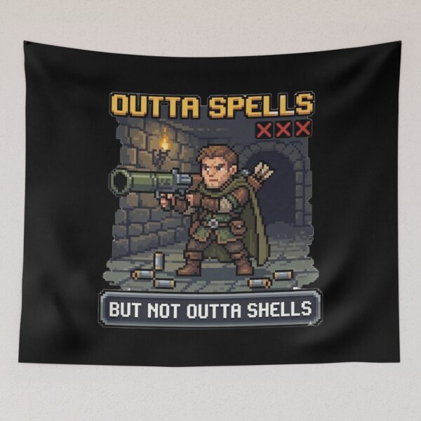 Item preview, Outta Spells But Not Outta Shells - Funny Pixel Art Archer with Bazooka designed and sold by DavmaxDesign.