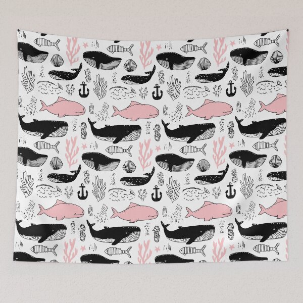 Item preview, Black and White Vintage Whales and Shells Pattern designed and sold by Piotrek0001.