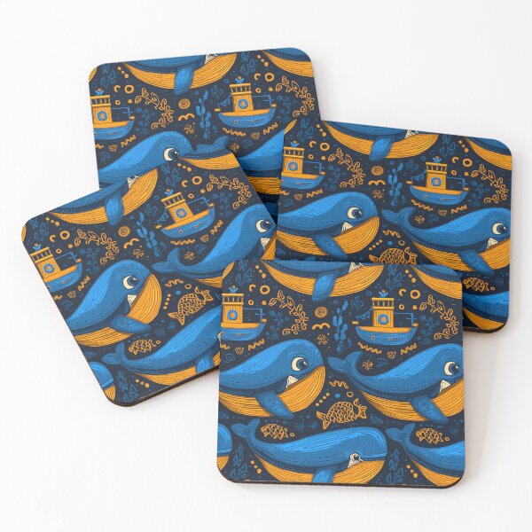 Item preview, Dark Blue Ocean with Large Whale and Boat Pattern designed and sold by Piotrek0001.