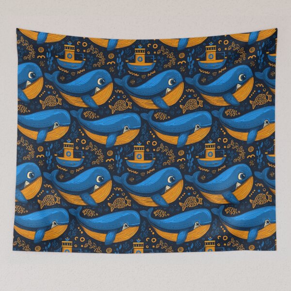 Item preview, Dark Blue Ocean with Large Whale and Boat Pattern designed and sold by Piotrek0001.