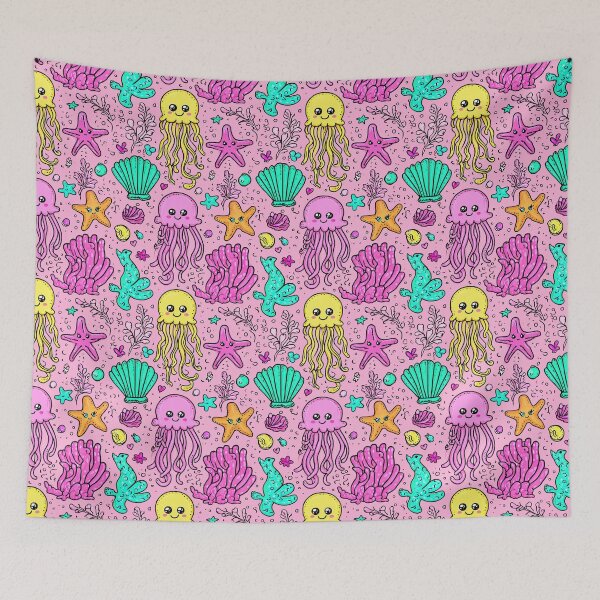 Item preview, Pink Background with Cute Jellyfish and Starfish designed and sold by Piotrek0001.
