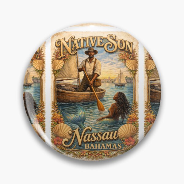 Item preview, Native Son: Vintage Bahamian Fisherman and Mermaid Scene designed and sold by LouieZoeStore.
