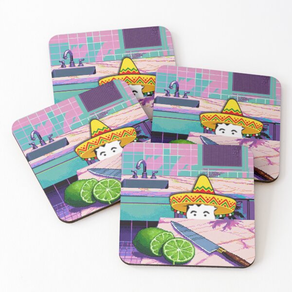 Item preview, Vaporwave OC wearing sombrero peeks at sliced limes on Kitchen countertop designed and sold by SamiVaporStudio.