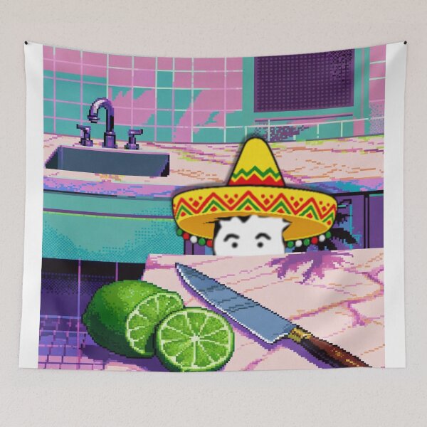 Item preview, Vaporwave OC wearing sombrero peeks at sliced limes on Kitchen countertop designed and sold by SamiVaporStudio.