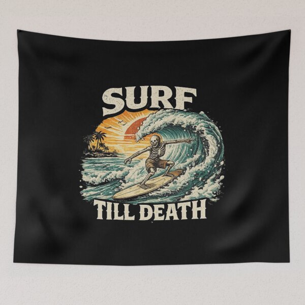 Item preview, Surf Till Death – Skeleton Surfing Vintage Sunset Wave Surfer Graphic designed and sold by HubCreates.