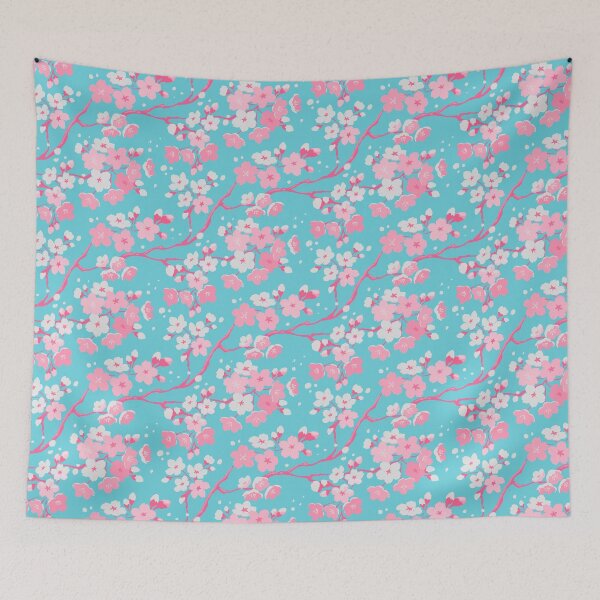 Item preview, Cute Pink Sakura Pattern on a Turquoise background. Cherry Blossom Floral Aesthetic designed and sold by AnGoArt.