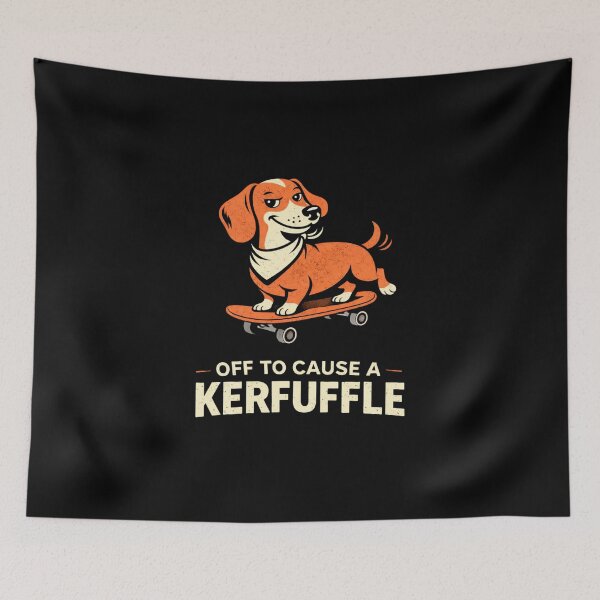 Item preview, Off To Cause A Kerfuffle Funny Skateboarding Dachshund Meme designed and sold by VibeOffline Studio.