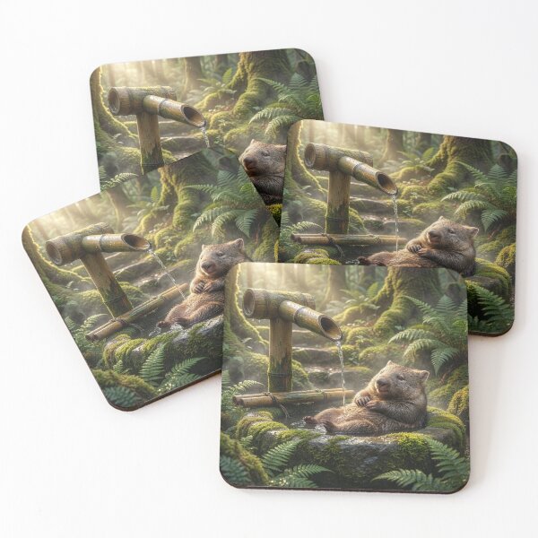 Item preview, Wombat Bathes in Shishi Odoshi Fountain in Forest designed and sold by Tridentulus.