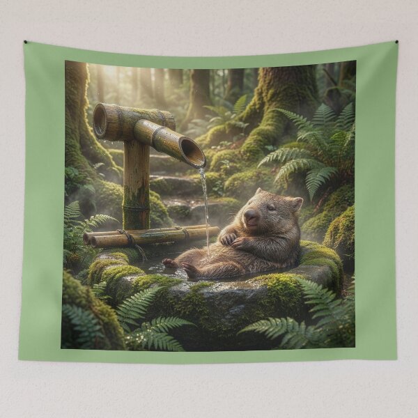 Item preview, Wombat Bathes in Shishi Odoshi Fountain in Forest designed and sold by Tridentulus.