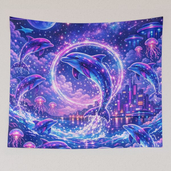 Item preview, Neon Portal Dolphins – Cyberpunk Ocean Fantasy Mural designed and sold by 3free3street - Neon & Graffiti Digital Art.