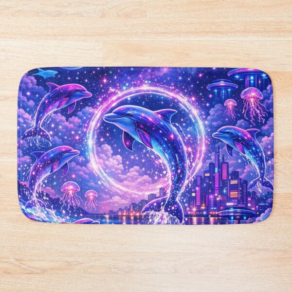 Item preview, Neon Portal Dolphins – Cyberpunk Ocean Fantasy Mural designed and sold by 3free3street - Neon & Graffiti Digital Art.