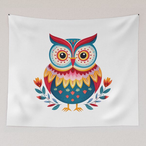 Item preview, Vibrant Folk Art Owl with Autumn Leaves - Colorful Whimsical Bird Print designed and sold by DesignArtist.ia.