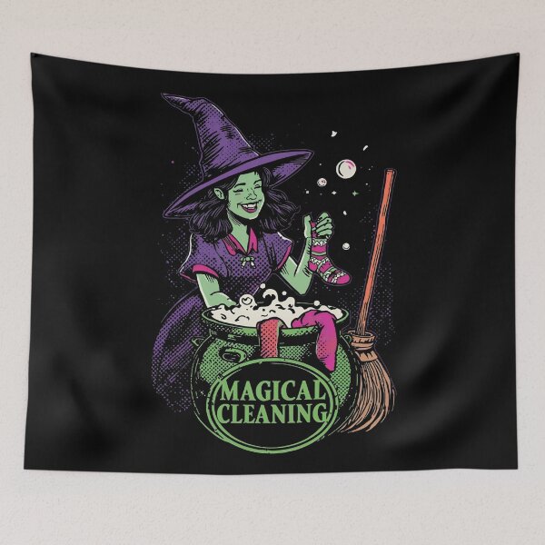 Item preview, Cheerful Witch Magical Cleaning Retro Illustration designed and sold by VantagePrints.