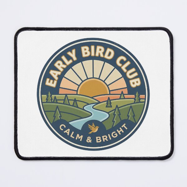 Item preview, Early Bird Club vintage badge with sunrise over peaceful countryside landscape designed and sold by Robo-toons.