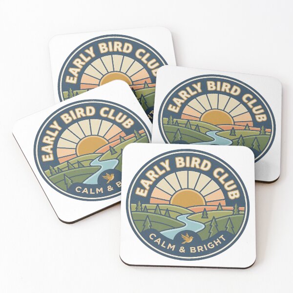 Item preview, Early Bird Club vintage badge with sunrise over peaceful countryside landscape designed and sold by Robo-toons.