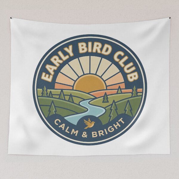 Item preview, Early Bird Club vintage badge with sunrise over peaceful countryside landscape designed and sold by Robo-toons.