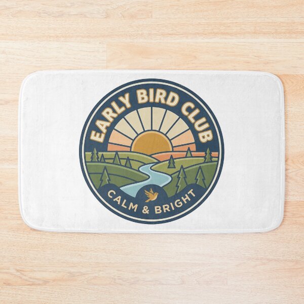 Item preview, Early Bird Club vintage badge with sunrise over peaceful countryside landscape designed and sold by Robo-toons.