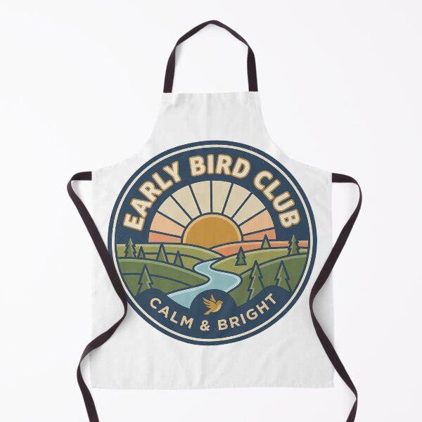 Item preview, Early Bird Club vintage badge with sunrise over peaceful countryside landscape designed and sold by Robo-toons.