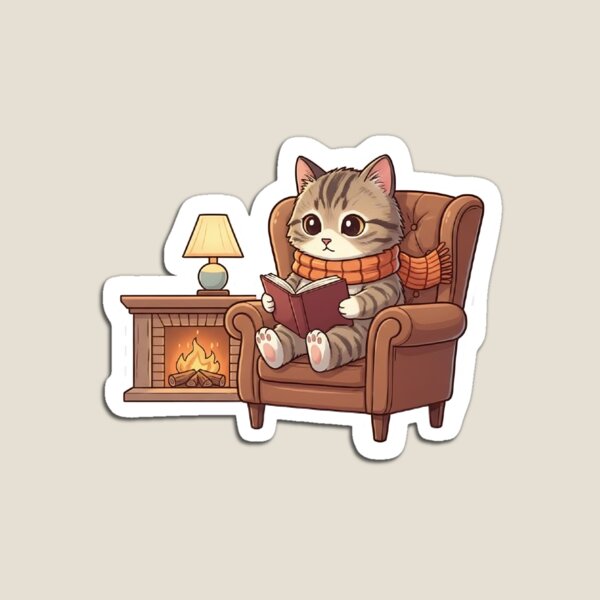 Item preview, Cozy Tabby Cat Reading Book by Fireplace Aesthetic designed and sold by CosyByte Studio.