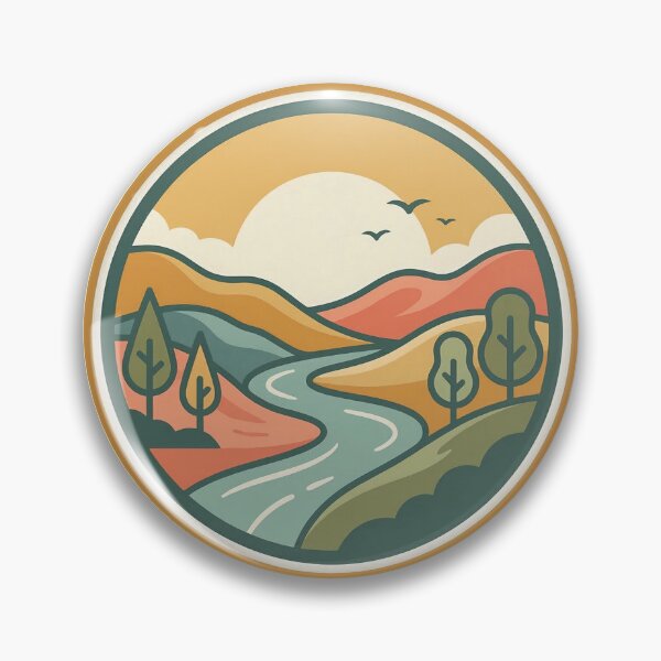 Item preview, Retro Winding River Valley - Vintage Nature Badge & Sunset Landscape designed and sold by Robo-toons.