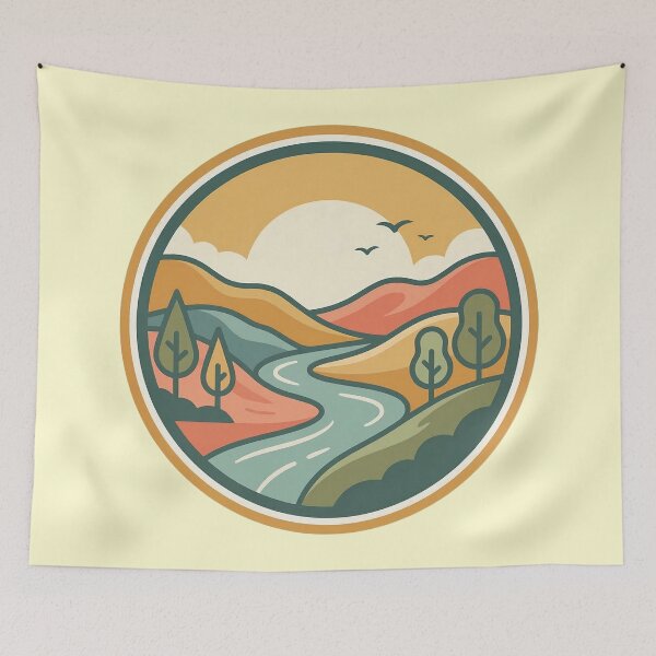 Item preview, Retro Winding River Valley - Vintage Nature Badge & Sunset Landscape designed and sold by Robo-toons.