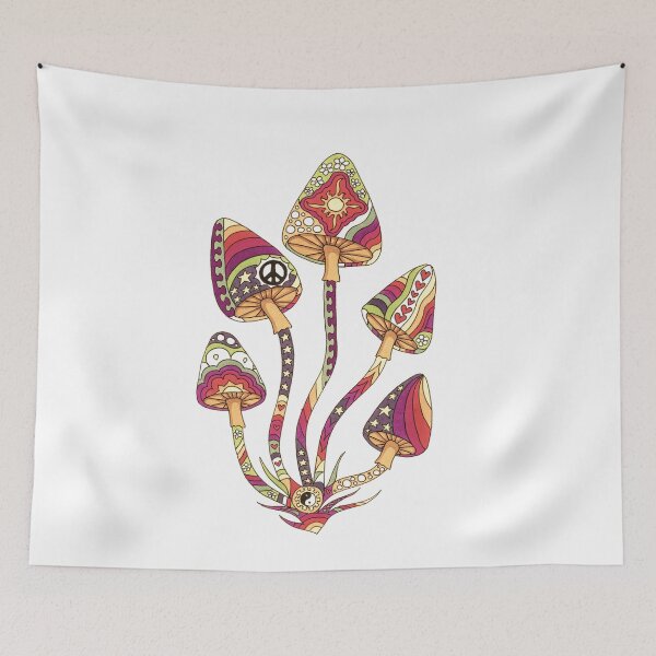 Item preview, Vintage Psychedelic 5 Mushrooms Art White– Retro Hippie Rainbow Groovy Peace Design designed and sold by Kellie Espie Art.