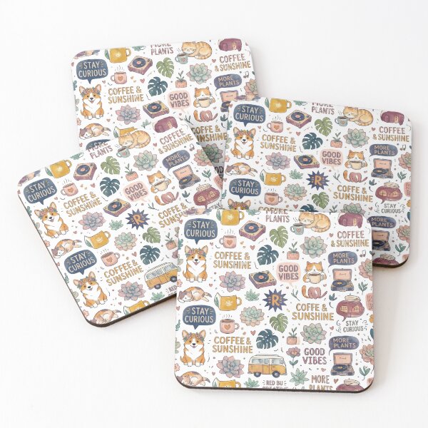 Item preview,  Cozy Curiosities - Coffee, Cats, and Succulents Pattern designed and sold by RohiMade.