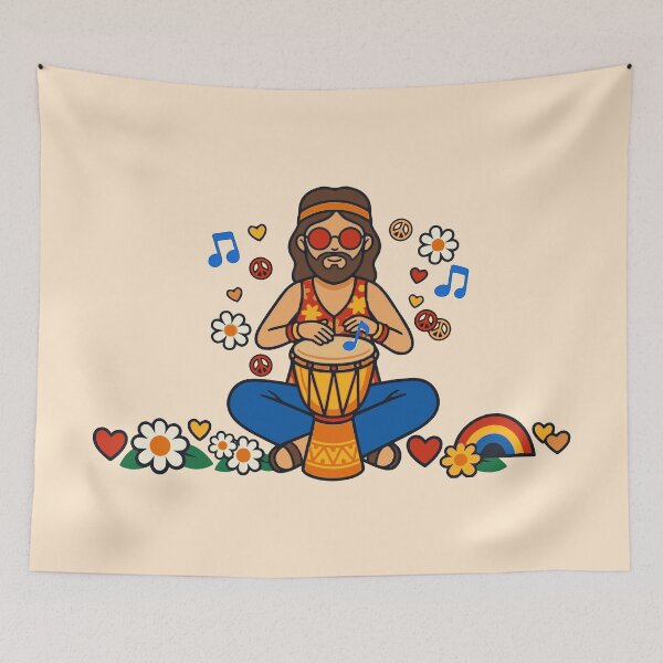 Item preview, Retro Hippie Man Playing Djembe Drum – Groovy 70s Vintage Musician Art designed and sold by Far Out Goods.